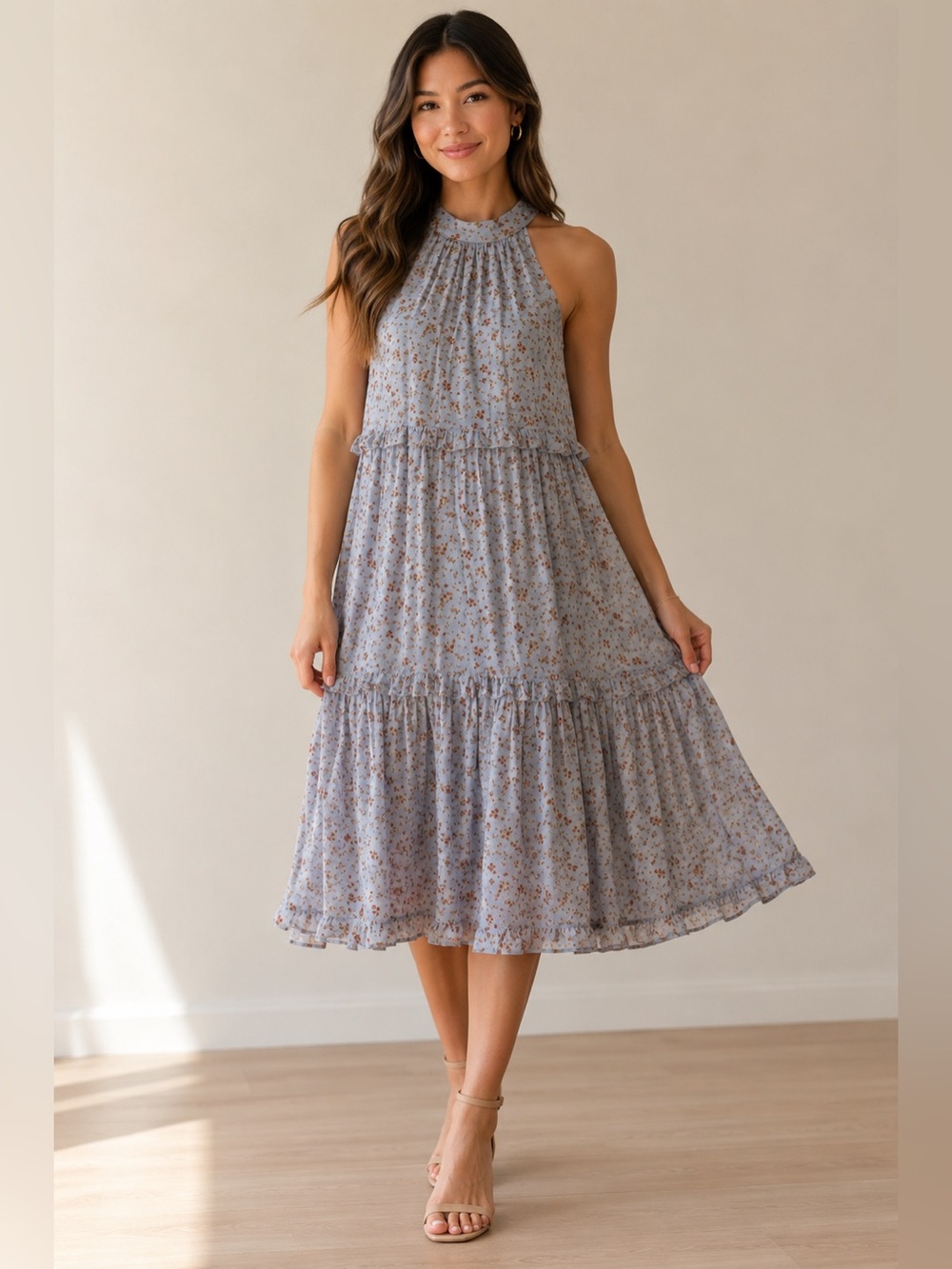 Floral Tiered Halter Maxi Dress Periwinkle Blue Boho Summer Sundress Medium